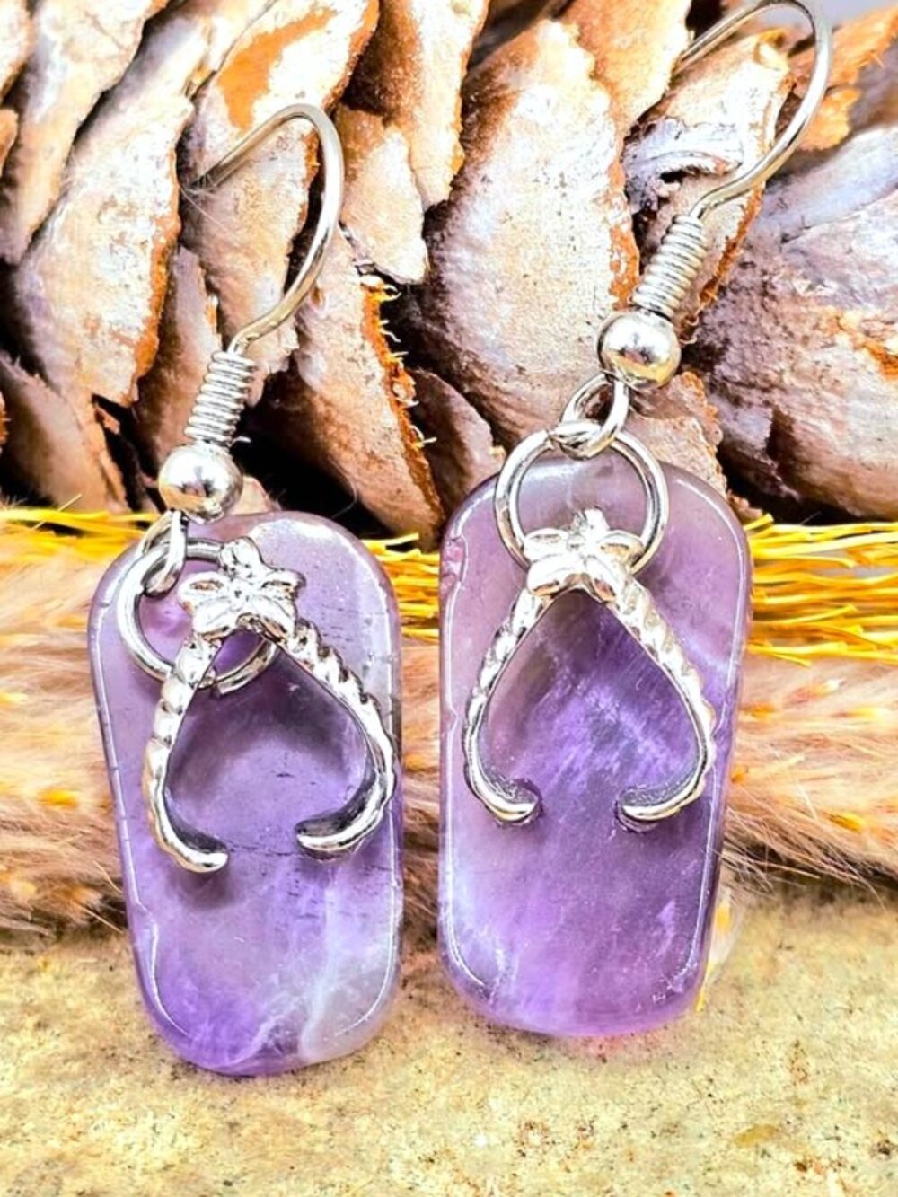 Amethyst Flip‑Flop Earrings • Silver‑Tone Flower Accent • Purple Crystal Dangle